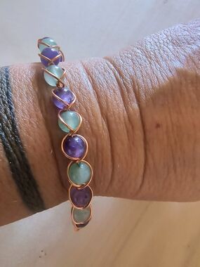 Hand Crafted Copper Wire Bracelet with Purple and Aqua Beads